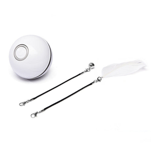 Automatic obstacle-sensing cat toy ball - white with feather wand