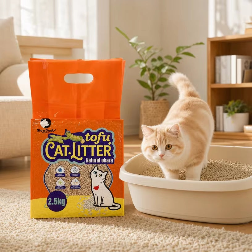 Tofu clumping cat litter in use with cat in litter box