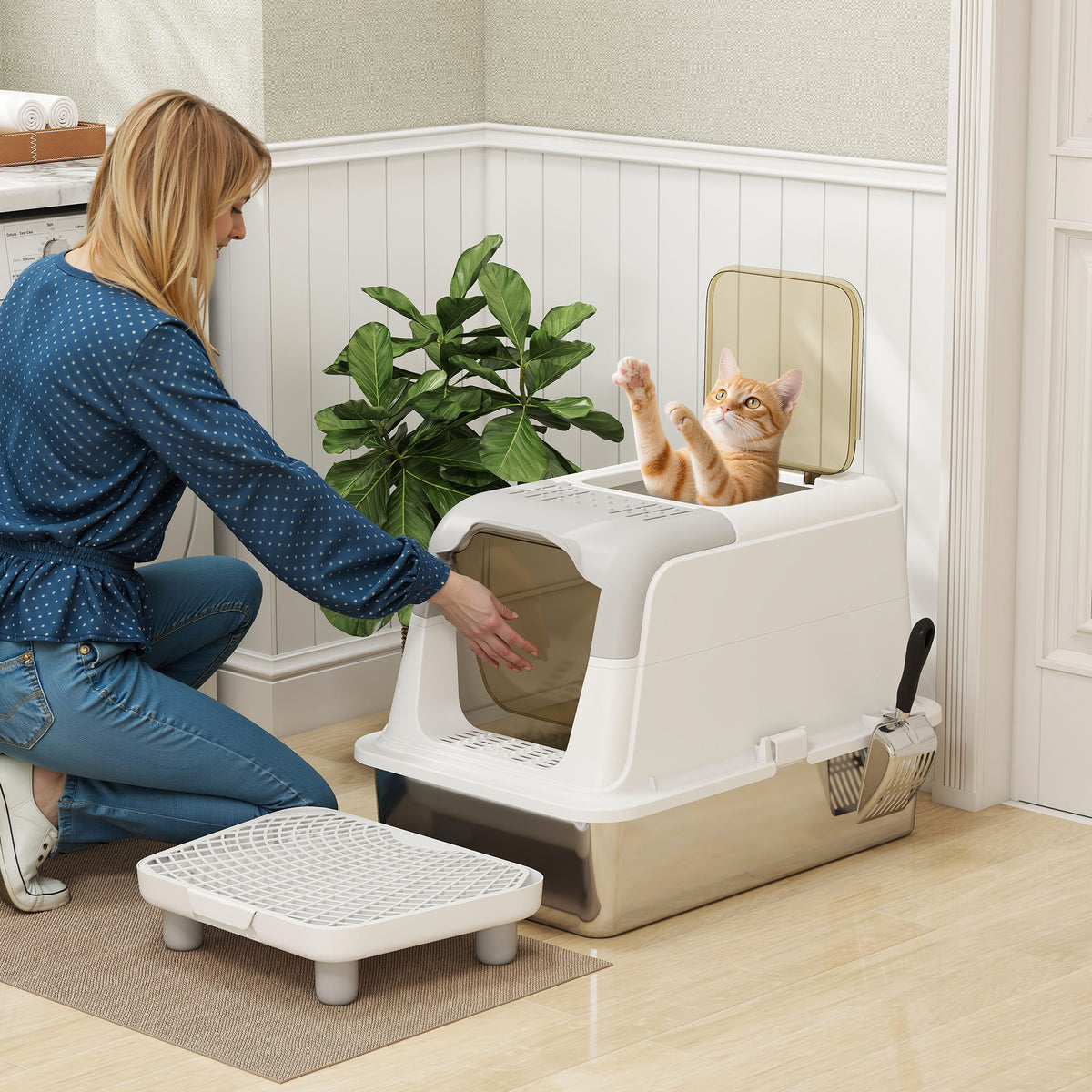 PawandLuna Enclosed Stainless Steel Litter Box, Extra Large