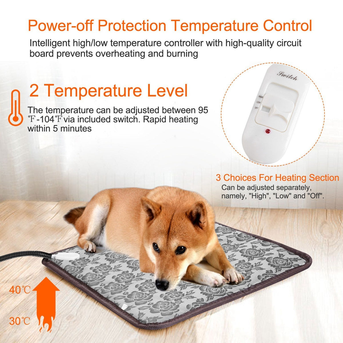 PawandLuna Waterproof Pet Heating Pad, Adjustable Warm Mat